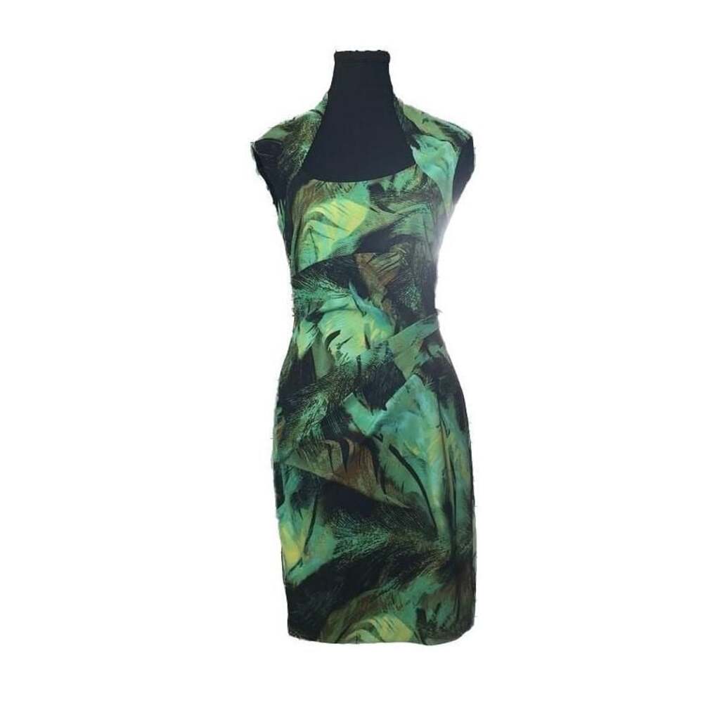 Caché Y2K Green Tropical Palm Leaf Print Ruched Cocktail Dress